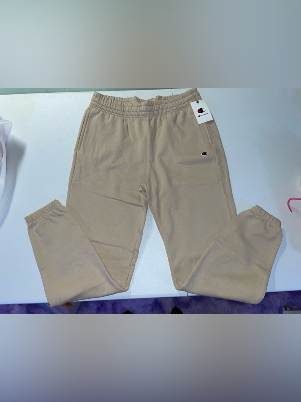 Champion Beige Drawstring Joggers with Logo Patch